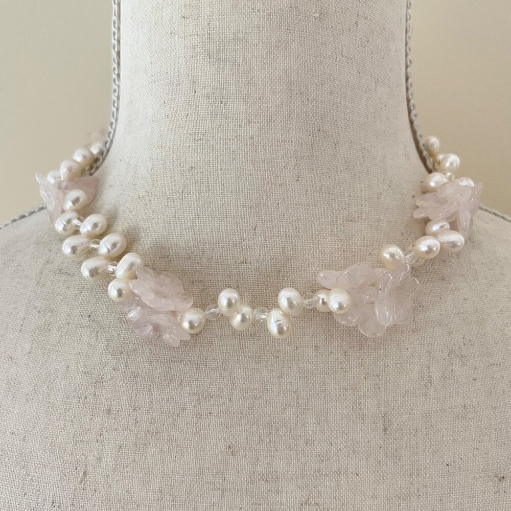 Romantic White Pearl Carved Lavender Floral Bead 16" Choker Necklace Wedding